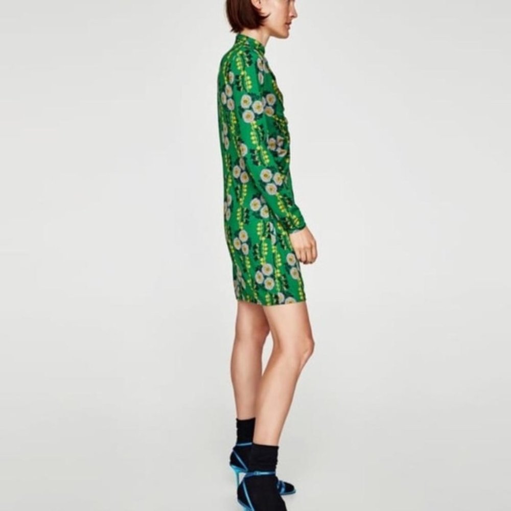 Zara Green Floral Long Sleeve Dress - Picture 4 of 4